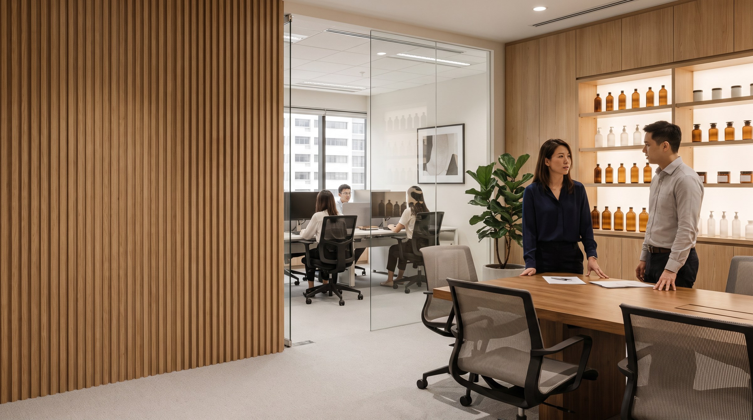 The founder of an established wellness products distribution company standing at a meeting table in her office, product display shelving behind her and staff working beyond a glass partition.