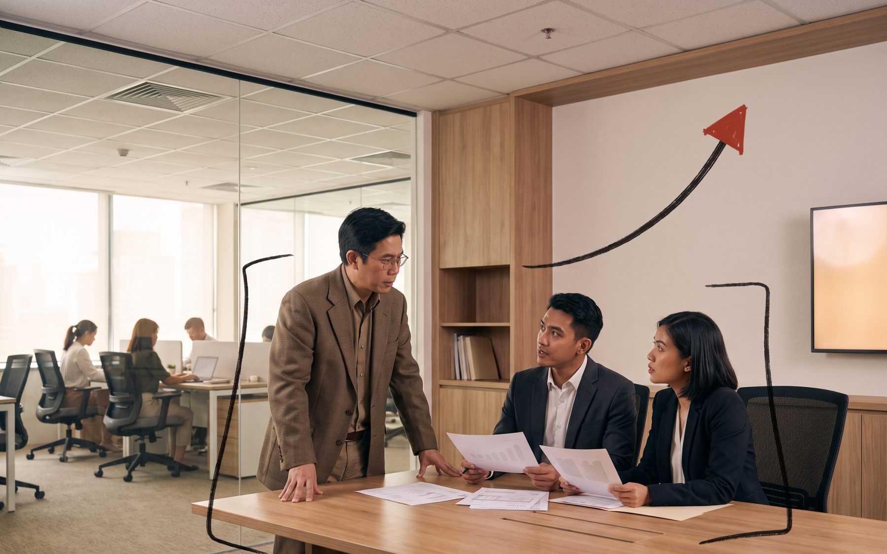 A company founder and two of his staff reviewing work at a meeting table in their own office.