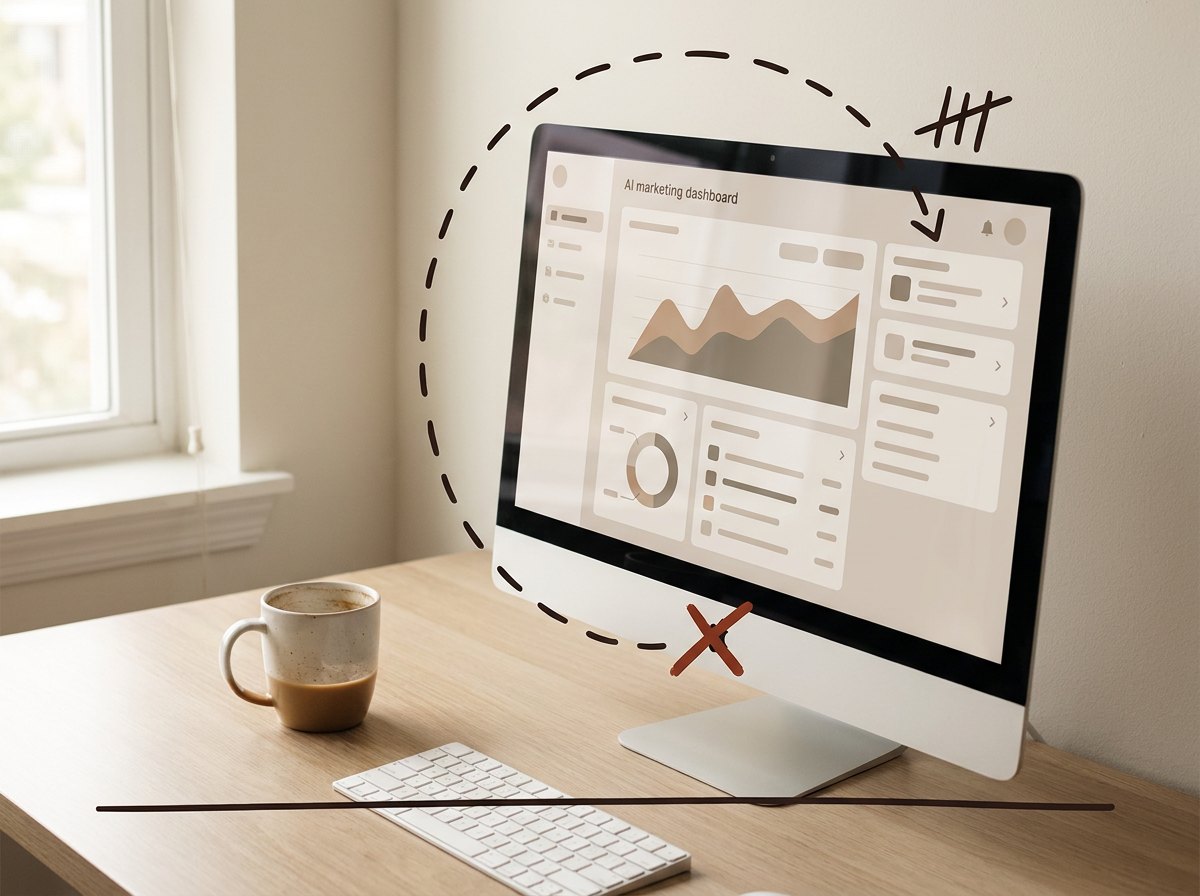 A monitor showing an AI marketing dashboard beside a cold cup of coffee, with a hand-sketched dashed circle, tally marks and a flat line.