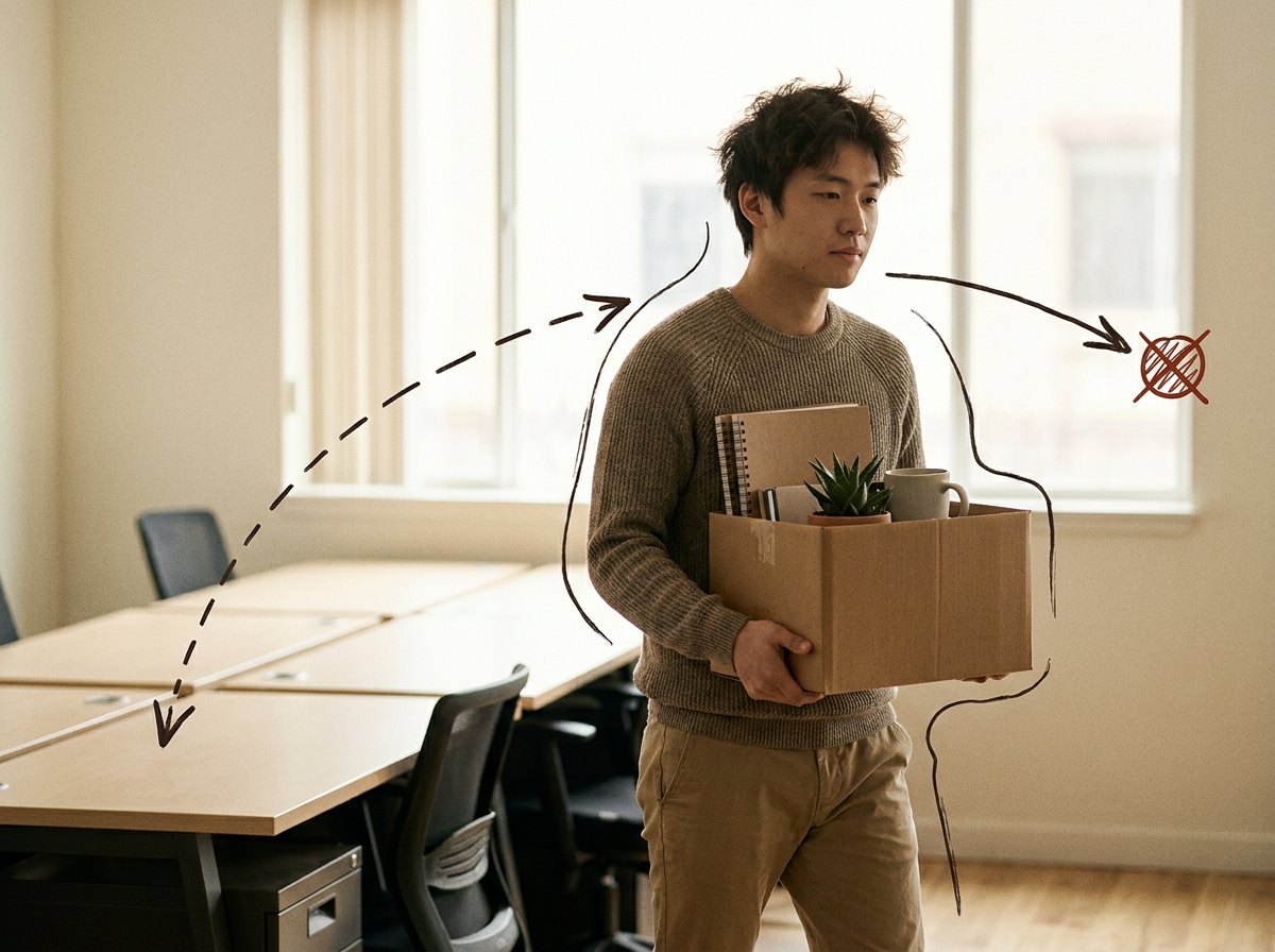 A young marketer carrying a box of desk belongings out of a small office, with a hand-sketched arc ending in a crossed-out marker.