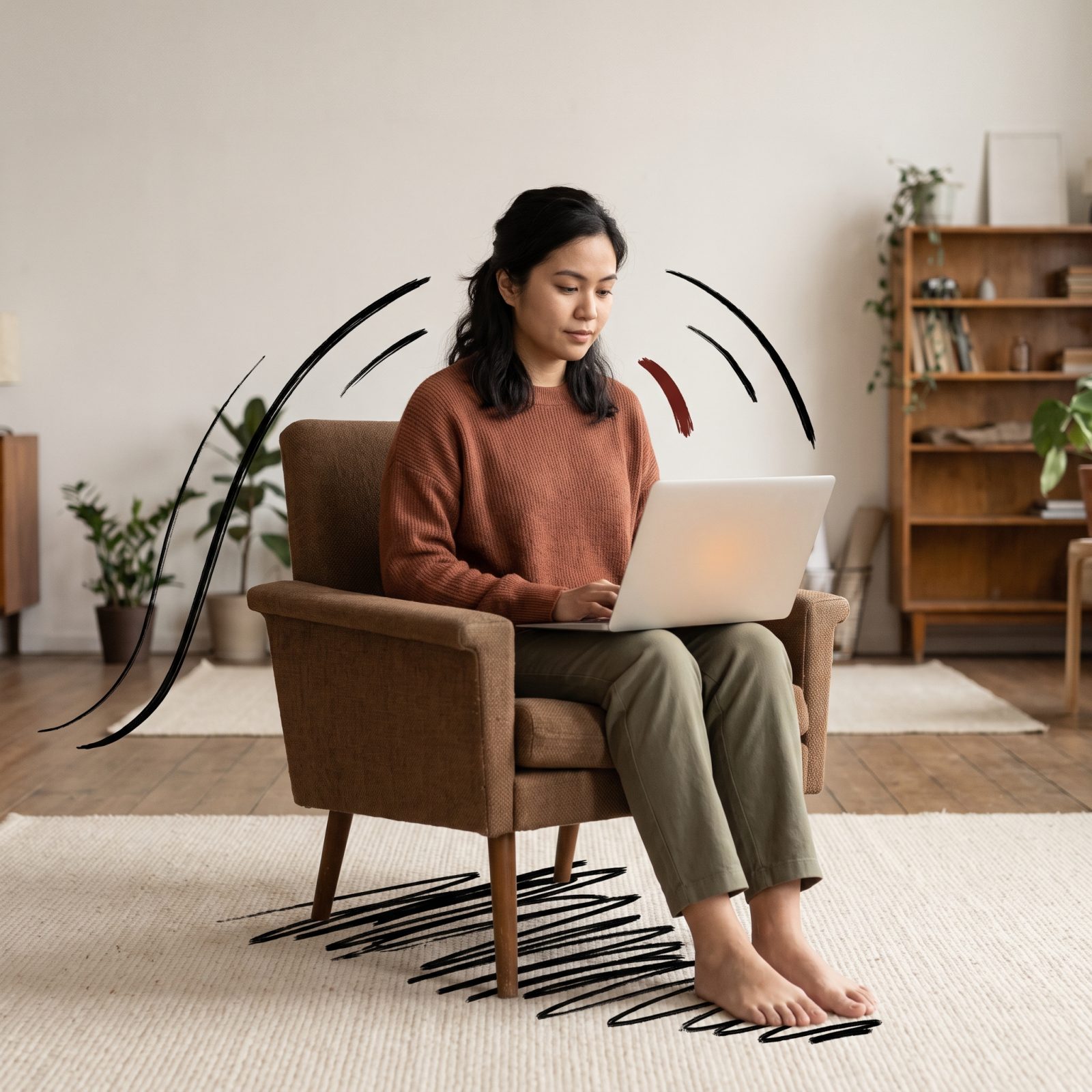 A marketing strategist working on a laptop in an armchair.