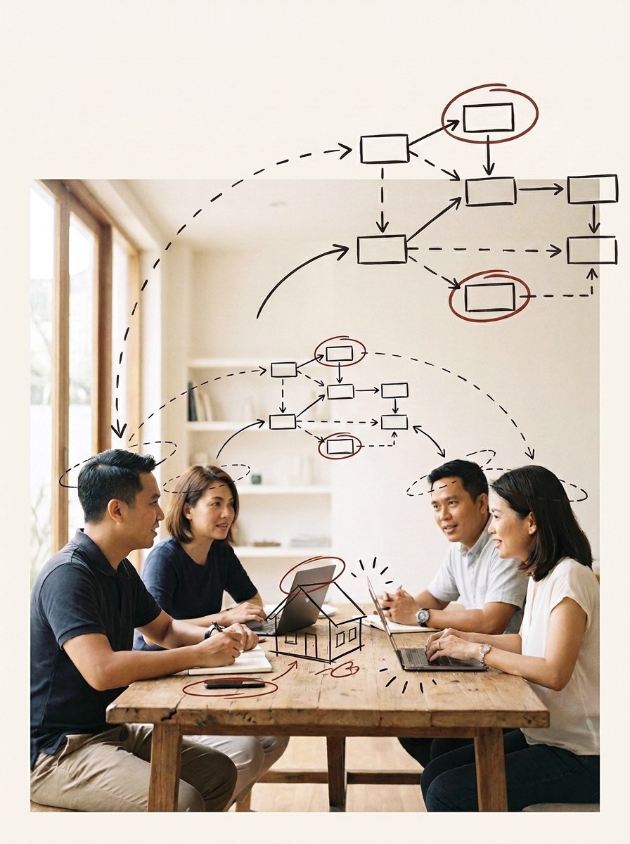 A small marketing team working around a table, overlaid with hand-sketched agent workflow diagrams in ink.